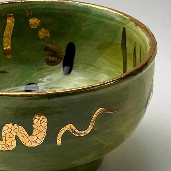 Lime Green Abstract Pottery Snack Bowl with Genuine Gold Accents - Picture 8 of 11